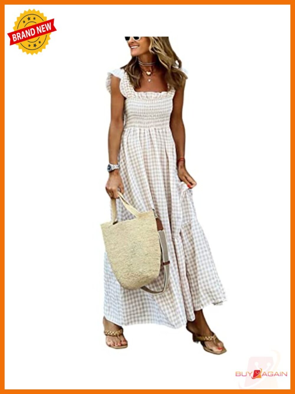 Women's Retro Plaid Smocked Spaghetti Strap Flounce Long A-Line Dress